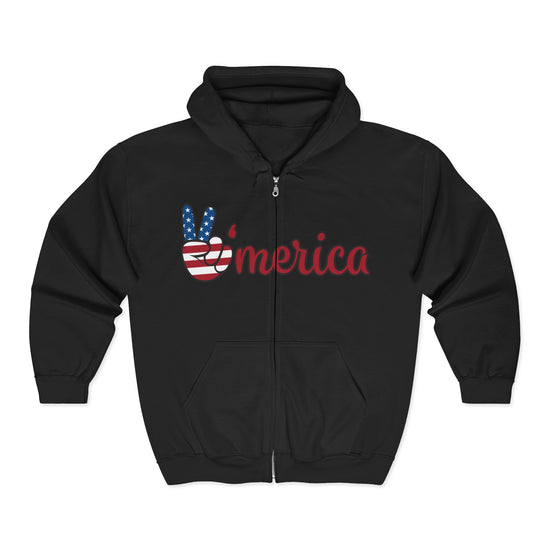 Unisex Zip Hoodie with Patriotic Vibe, Americuh Peace Sign Sweatshirt, Casual Wear for Independence Day, Gift for USA Lovers, Cozy [...]
